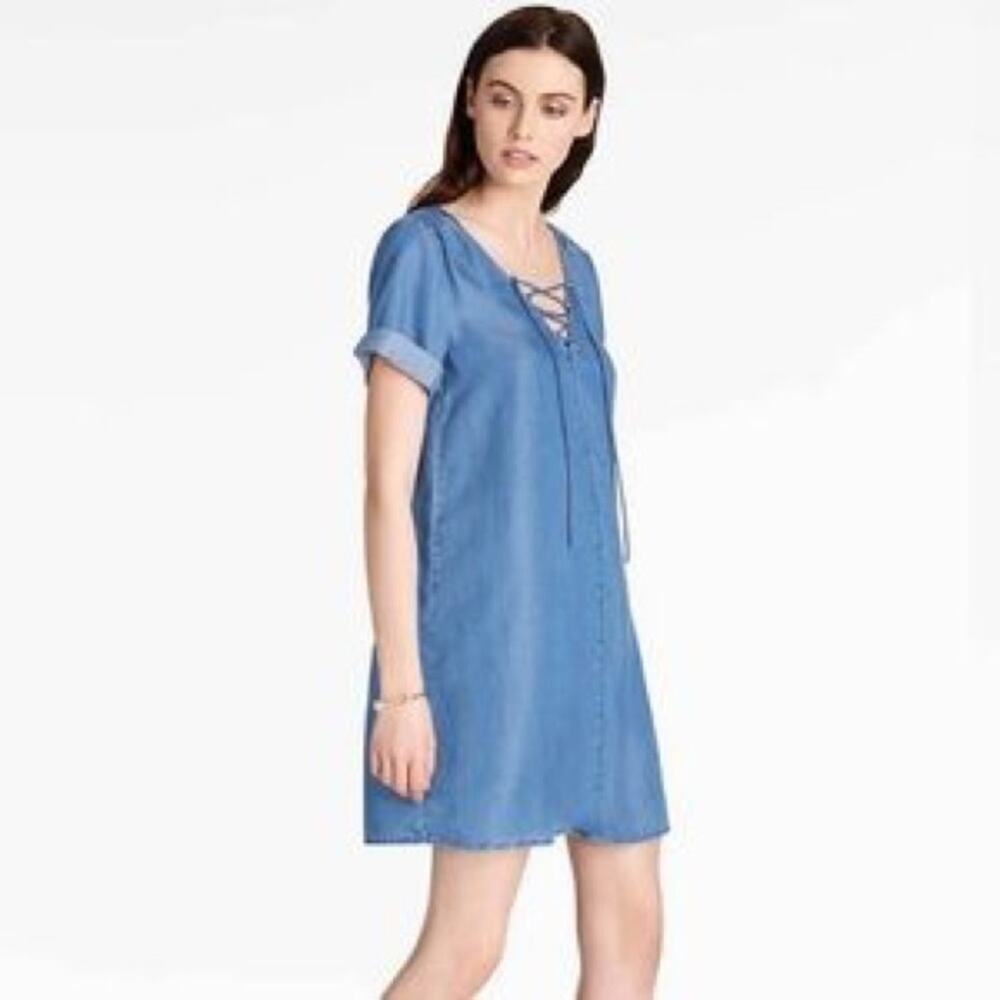 Lucky Brand Chambray Shirt Dress Lace-Up Neck